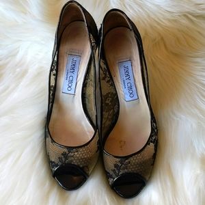 Jimmy Choo black lace Evelyn peep toe pumps